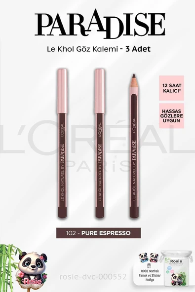 3 Adet Loreal Paris Paradise Le Khol Göz Kalemi 102 Pure Espresso ve ROSIE Pamuk