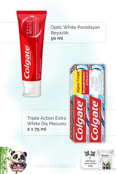 Colgate Optic White 50 ml,  Action Extra White 2 x 75 ml Diş Macunu ve ROSIE