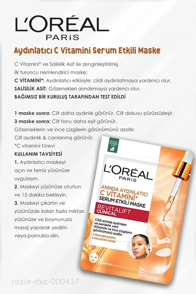 3 Adet Loreal Paris Aydınlatıcı C Vitamini Serum Etkili Maske ve ROSIE - 2