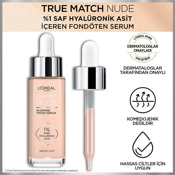 3 Adet Loreal Paris True Match Nude Fondöten Serum 1-2 Rosy Light ve ROSIE - 4
