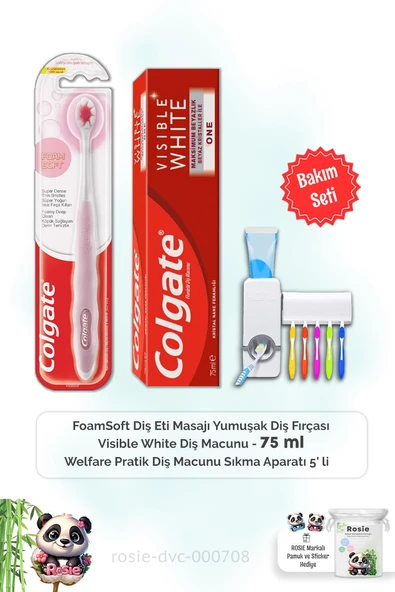 Colgate Visible White Diş Macunu 75 ml,  FoamSoft Diş Fırçası, Diş Macunu Aparatı ve ROSIE