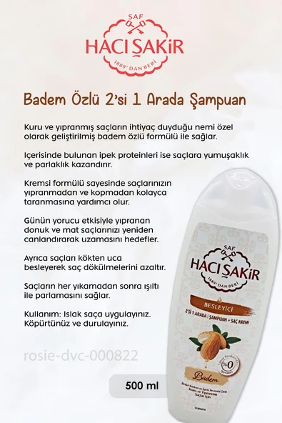 Hacı Şakir Zeytinyağlı Sıvı Sabun 300 ml, Bademli Şampuan 500 ml ve ROSIE - Resim 3