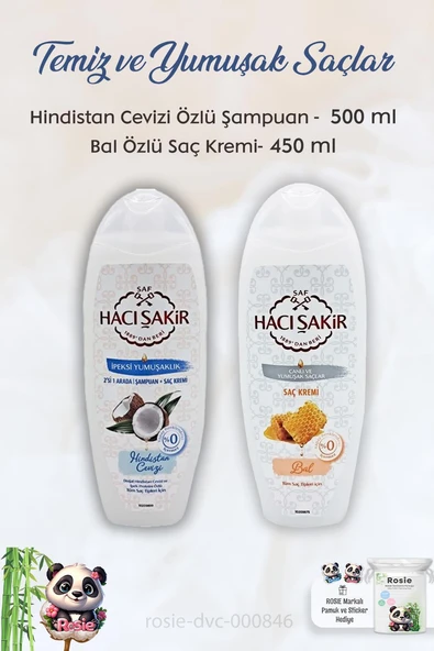 Hacı Şakir Hindistan Cevizi Şampuan 500 ml, Ballı Saç Kremi 450 ml ve ROSIE