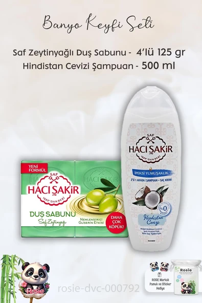 Hacı Şakir Doğal Saf Geleneksel Beyaz Sabun 4 x 200 gr, Hindistan Cevizli Şampuan 500 ml  ve ROSIE