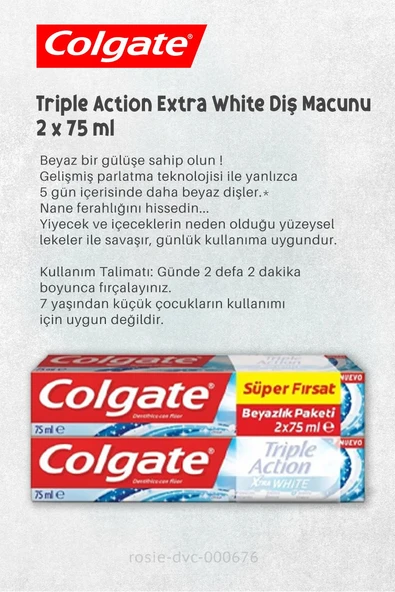 Colgate Action Extra White 2 x 75 ml, Gelişmiş Beyazlık 50 ml  Diş Macunu ve ROSIE - 3