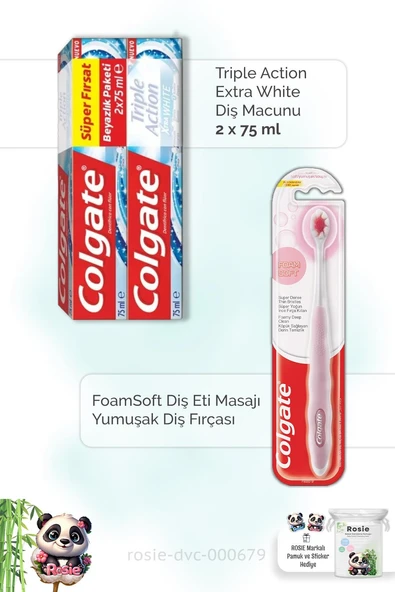 Colgate Action Extra White 2 x 75 ml Diş Macunu,  FoamSoft Diş Eti Masajı Diş Fırçası ve ROSIE