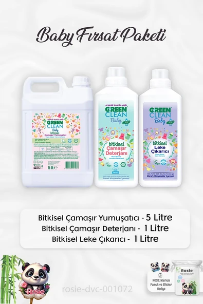 Green Clean Baby  Çamaşır Yumuşatıcı 5 lt, Çamaşır Deterjanı 1lt, Leke Çıkarıcı 1lt ve ROSIE ürün görseli