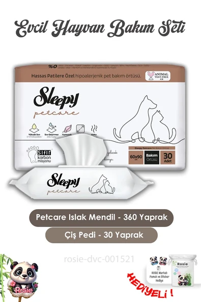 Sleepy 6 Adet Petcare Evcil Hayvan Islak Havlusu 60'lı, Bakım Örtüsü 30'lu ve ROSIE ürün görseli