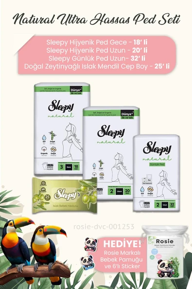 Sleepy Natural Ultra Hassas Hijyenik Ped  3'lü, Zeytinyağlı Mendil Cep Boy 25' li ve ROSIE ürün görseli