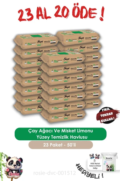 Sleepy 23 AL 20 ÖDE Bio Çözünür Çay Ağacı Ve Misket Limonu Yüzey Temizlik Havlusu 50'li ve ROSIE