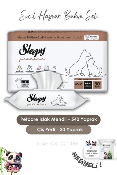 Sleepy 9 Adet Petcare Evcil Hayvan Islak Havlusu 60'lı, Bakım Örtüsü 30'lu ve ROSIE ürün görseli