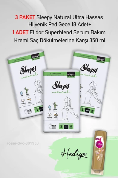 Sleepy Natural Hijyenik Ped Gece 18 Adet X3 ve Hediye Elidor Saç Dökülme Karşıtı 350 ml ürün görseli