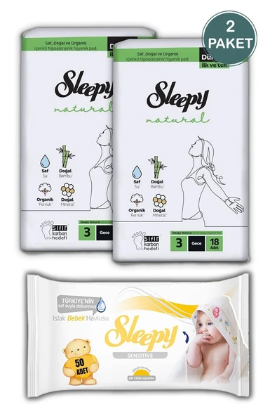 Sleepy Natural Ultra Hassas Hijyenik Ped Gece 36 Adet, Sensitive 50'li Islak Mendil ve ROSIE - Resim 2