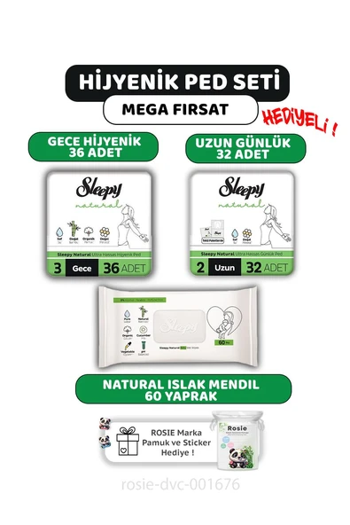 Sleepy Natural Ultra Hassas Ped Gece 36'lı, Günlük Ped 32'li, Natural 60'lı Mendil ve ROSIE ürün görseli