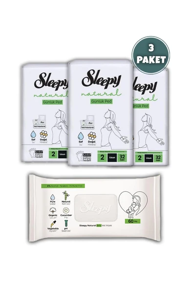 Sleepy Natural Ultra Hassas Hijyenik Günlük Ped Uzun 96 Adet, Natural 60'lı Islak Mendil ve ROSIE - Resim 2