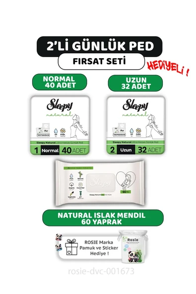 Sleepy 2'li Natural Ultra Hassas Günlük Ped  Seti, Islak Mendil ve ROSIE ürün görseli