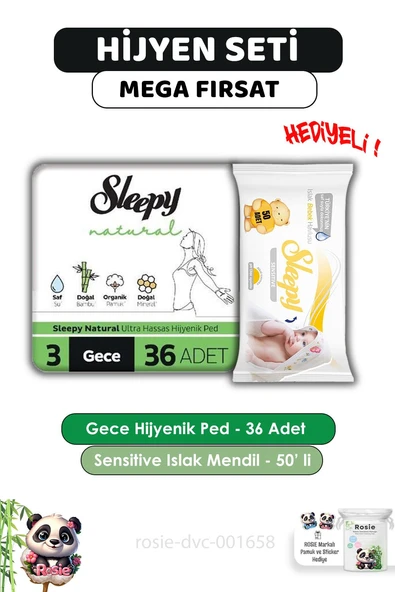 Sleepy Natural Ultra Hassas Hijyenik Ped Gece 36 Adet, Sensitive 50'li Islak Mendil ve ROSIE ürün görseli