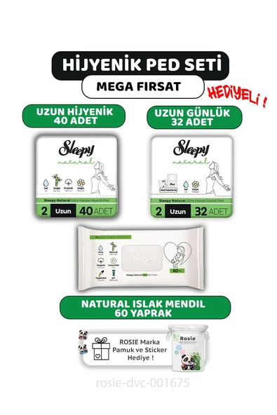 Sleepy Natural Ultra Hassas Ped Uzun 40'lı, Günlük Ped 32'li, Natural 60'lı Mendil ve ROSIE ürün görseli