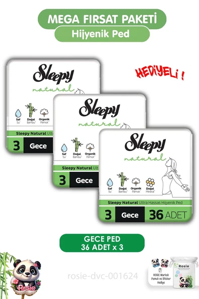 Sleepy Natural Ultra Hassas Hijyenik Ped Gece 108 Adet Ped ve ROSIE ürün görseli