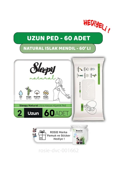 Sleepy Natural Ultra Hassas Hijyenik Ped Uzun 60 Adet, Natural 60'lı Islak Mendil  ve ROSIE ürün görseli