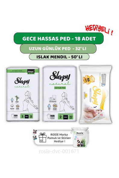 Sleepy Natural Ultra Hassas Gece Ped 18'li,Günlük Ped 32'li,  Sensitive 50'li Mendil ve ROSIE ürün görseli