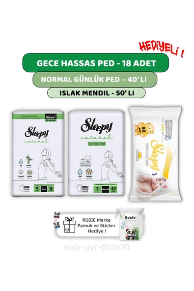 Sleepy Natural Ultra Hassas Gece Ped 18'li,Günlük Ped 40'lı  Sensitive 50'li Mendil ve ROSIE