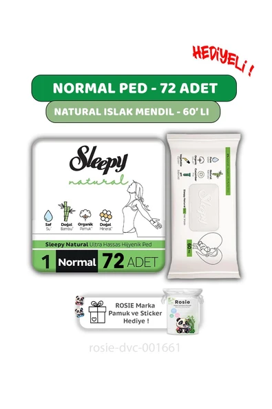 Sleepy Natural Ultra Hassas Hijyenik Ped Normal 72 Adet, Natural 60'lı Islak Mendil ve ROSIE ürün görseli