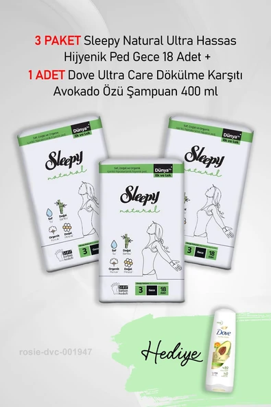 Sleepy Natural Hijyenik Ped Gece 18 Adet  X 3 ve Hediye Dove Avokado Özü 400 ml ürün görseli