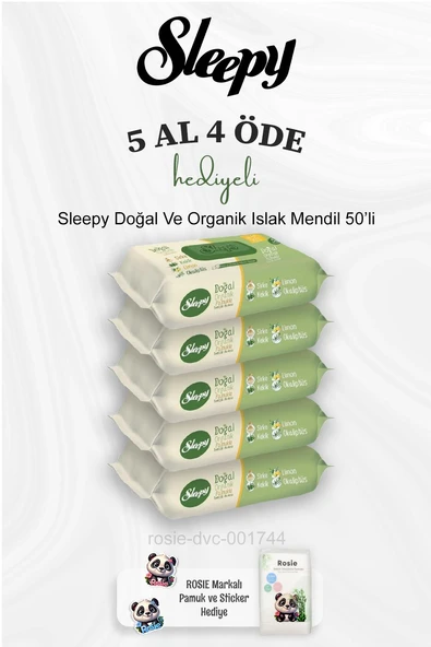 Sleepy Doğal Ve Organik Islak Mendil 50 Adet 5 Al 4 Öde ve Rosie Pamuk - Resim 2