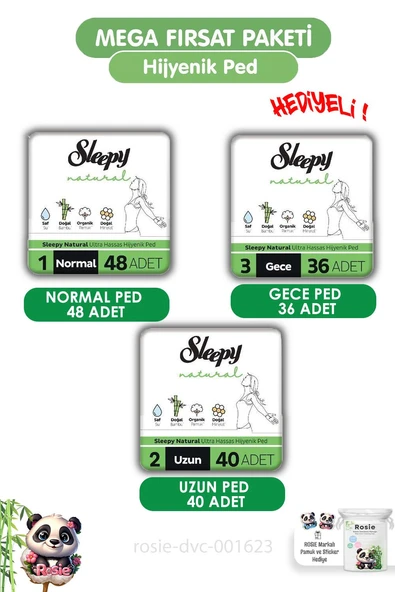 Sleepy  Natural Ultra Hassas Hijyenik Ped 124 Adet Ped Mega Fırsat Paketi ve ROSIE ürün görseli