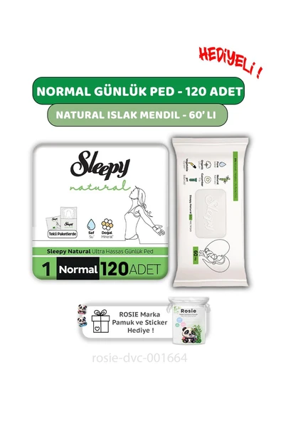 Sleepy Natural Ultra Hassas Hijyenik Günlük Ped Normal 120 Adet, Natural 60'lı Islak Mendil ve ROSIE ürün görseli