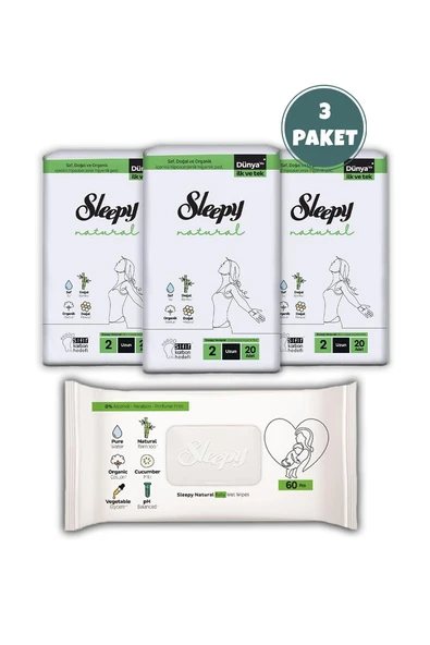 Sleepy Natural Ultra Hassas Hijyenik Ped Uzun 60 Adet, Natural 60'lı Islak Mendil  ve ROSIE - Resim 2