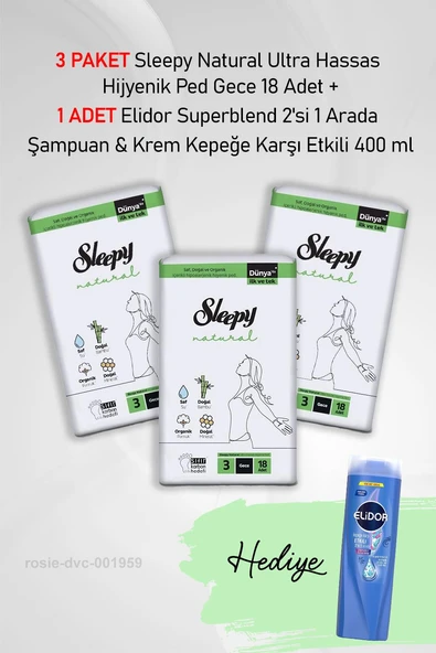 Sleepy Natural Hijyenik Ped Gece 18 Adet X 3 ve Hediye Elidor 2'si 1 Arada Kepeğe Karşı Etkili 400 ml ürün görseli