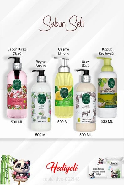 Sabun Paket 500 ML Zeytinyağlı, Eşek Sütlü, Beyaz Sabun, Çeşme Limonu, Japon Kiraz Çiçeği ve Rosie ürün görseli
