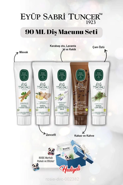 Misvak, Zencefil, Lavanta, Kakao, Çam Özlü 90 ml Diş Macun Seti ve Rosie ürün görseli