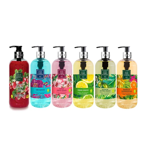 Eyüp Sabri Tuncer Sıvı Sabun Seti Ayvalık Zeytin Çiçeği, Çeşme Limonu, Japon Kiraz Çiçeği, Okyanus, Bodrum Mandalinası, Uludağ Çileği 500 ML ürün görseli