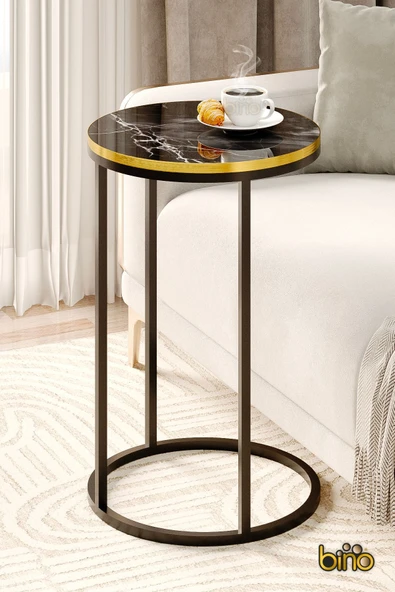 Bino Yan Sehpa C Sehpa Orta Sehpa Masa Servis Sehpası Mermer Desenli 39 CM Geniş Büyük Ahşap Dekoratif ürün görseli 1