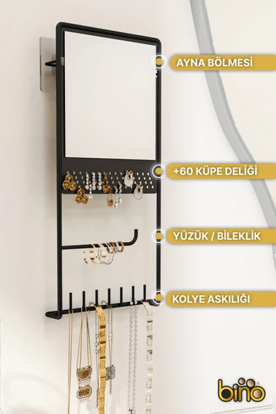 Bino Takı Düzenleyici Takılık Kolye Küpe Bileklik Askılık Aynalı Tasarım Lüks Siyah Mat  Ayna - 2