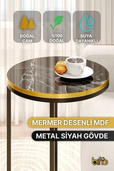 Bino Yan Sehpa C Sehpa Orta Sehpa Masa Servis Sehpası Mermer Desenli 39 CM Geniş Büyük Ahşap Dekoratif - 4