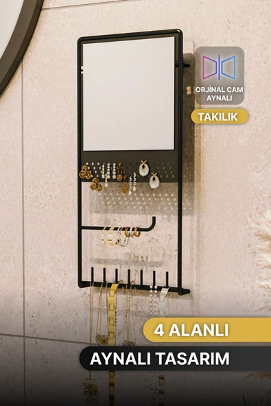 Bino Takı Düzenleyici Takılık Kolye Küpe Bileklik Askılık Aynalı Tasarım Lüks Siyah Mat  Ayna - 4