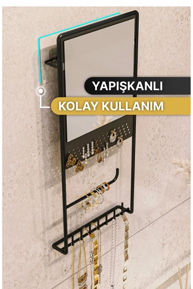 Bino Takı Düzenleyici Takılık Kolye Küpe Bileklik Askılık Aynalı Tasarım Lüks Siyah Mat  Ayna - 3