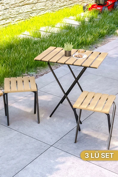 Bino Bahçe Masası Kamp Masası Yükseklik Ayarlı Masa Sandalye Bistro Ahşap Kamp Masası Taburesi 3'lü Set - 2