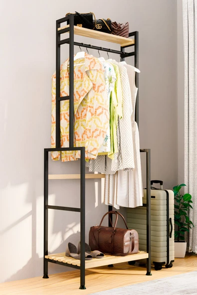 Bino Askılık Gardırop Vestiyer Antre Hol Yatak Odası Mobilya Çok Amaçlı Elbise Dolabı Dekoratif Ahşap Raf ürün görseli 1