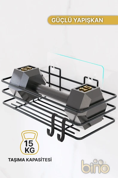 Bino Banyo Düzenleyici Şampuanlık Sabunluk 1 ADET Lüks Metal Yapışkanlı 2 Askılı Duş Rafı Organizer - 5