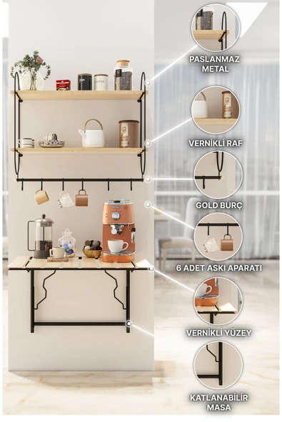 Bino Modern Kahve Köşesi Çok Amaçlı Mutfak Dolapları 3LÜ SET Lüks Katlanır Mutfak Masası Düzenleyici - 2