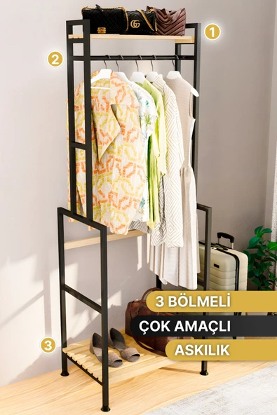 Bino Askılık Gardırop Vestiyer Antre Hol Yatak Odası Mobilya Çok Amaçlı Elbise Dolabı Dekoratif Ahşap Raf - 3