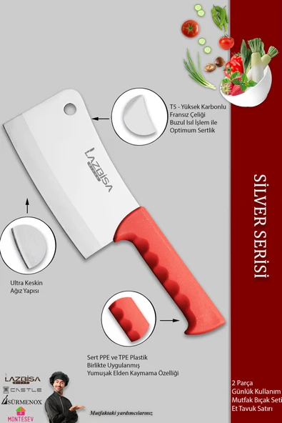 Lazbisa Silver Serisi Mutfak Bıçak Seti Et Ekmek Sebze Bıçağı Tavuk Et Satırı 2 Li Set ( Mtf-457) - Resim 3