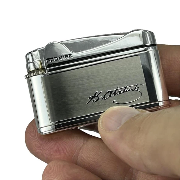 Atatürk Imzalı Gazlı Çakmak Gümüş Renk - Resim 3