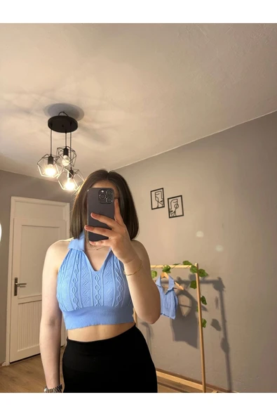 Polo Yaka Kalın Askılı Crop Top - 3