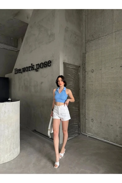 Polo Yaka Kalın Askılı Crop Top